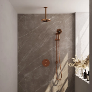 Brauer Copper Edition thermostatische inbouw regendouche 3-weg rond SET 95 met 20 cm douchekop en plafondarm en 3-standen handdouche en doucheslang en geïntegreerde glijstang......