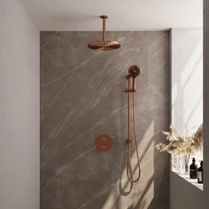 Brauer Copper Edition thermostatische inbouw regendouche 3-weg rond SET 96 met 30 cm douchekop en plafondarm en 3-standen handdouche en doucheslang en geïntegreerde glijstang......