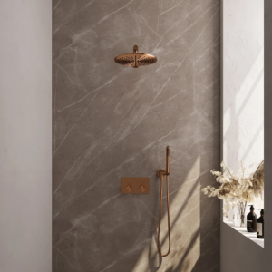 Brauer Copper Edition thermostatische inbouw regendouche met drukknoppen SET 50 met 30 cm douchekop en rechte muurarm en staaf handdouche en doucheslang en wandaansluitbocht......