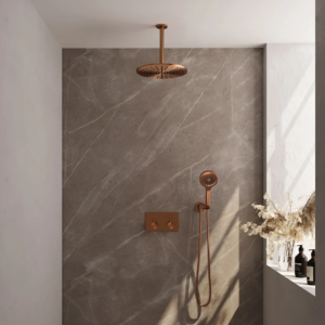 Brauer Copper Edition thermostatische inbouw regendouche met drukknoppen SET 60 met 30 cm douchekop en plafondarm en 3-standen handdouche en doucheslang en wandaansluitbocht......