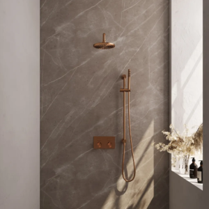 Brauer Copper Edition thermostatische inbouw regendouche met drukknoppen SET 63 met 20 cm douchekop en gebogen muurarm en staaf handdouche en doucheslang en geïntegreerde... -...