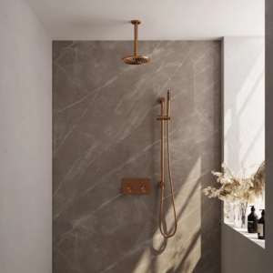 Brauer Copper Edition thermostatische inbouw regendouche met drukknoppen SET 65 met 20 cm douchekop en plafondarm en staaf handdouche en doucheslang en geïntegreerde...