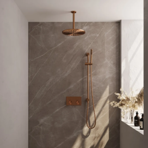 Brauer Copper Edition thermostatische inbouw regendouche met drukknoppen SET 66 met 30 cm douchekop en plafondarm en staaf handdouche en doucheslang en geïntegreerde...
