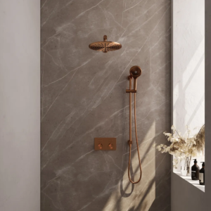 Brauer Copper Edition thermostatische inbouw regendouche met drukknoppen SET 68 met 30 cm douchekop en rechte muurarm en 3-standen handdouche en doucheslang en geïntegreerde......