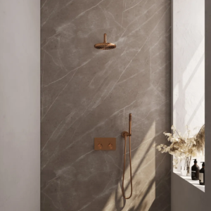 Brauer Copper Edition thermostatische inbouw regendouche met drukknoppen SET 51 met 20 cm douchekop en gebogen muurarm en staaf handdouche en doucheslang en wandaansluitbocht......