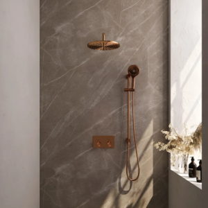 Brauer Copper Edition thermostatische inbouw regendouche met drukknoppen SET 70 met 30 cm douchekop en gebogen muurarm en 3-standen handdouche en doucheslang en geïntegreerde......