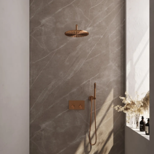 Brauer Copper Edition thermostatische inbouw regendouche met drukknoppen SET 52 met 30 cm douchekop en gebogen muurarm en staaf handdouche en doucheslang en wandaansluitbocht......