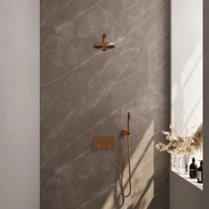 Brauer Copper Edition thermostatische inbouw regendouche met drukknoppen SET 49 met 20 cm douchekop en rechte muurarm en staaf handdouche en doucheslang en wandaansluitbocht......
