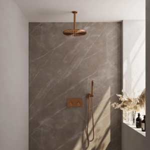 Brauer Copper Edition thermostatische inbouw regendouche met drukknoppen SET 54 met 30 cm douchekop en plafondarm en staaf handdouche en doucheslang en wandaansluitbocht...