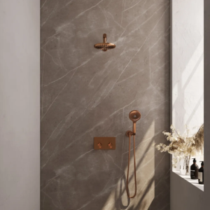 Brauer Copper Edition thermostatische inbouw regendouche met drukknoppen SET 55 met 20 cm douchekop en rechte muurarm en 3-standen handdouche en doucheslang en...