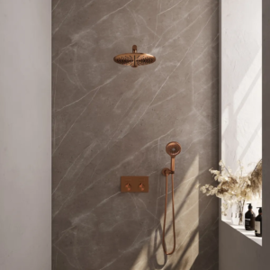 Brauer Copper Edition thermostatische inbouw regendouche met drukknoppen SET 56 met 30 cm douchekop en rechte muurarm en 3-standen handdouche en doucheslang en...