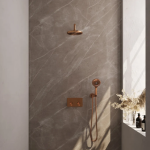 Brauer Copper Edition thermostatische inbouw regendouche met drukknoppen SET 57 met 20 cm douchekop en gebogen muurarm en 3-standen handdouche en doucheslang en... - Loodgieter...