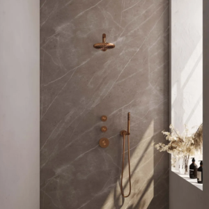 Brauer Copper Edition thermostatische inbouw regendouche SET 01 met 20 cm douchekop en rechte muurarm en staaf handdouche en doucheslang en wandaansluitbocht koper geborsteld......