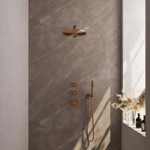 Brauer Copper Edition thermostatische inbouw regendouche SET 02 met 30 cm douchekop en rechte muurarm en staaf handdouche en doucheslang en wandaansluitbocht koper geborsteld......