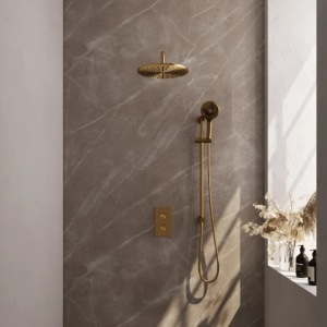 Brauer Gold Carving thermostatische inbouw regendouche 3-weg omstelling SET 46 met 30 cm douchekop en gebogen muurarm en 3-standen handdouche en doucheslang en geïntegreerde......
