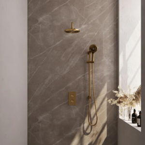 Brauer Gold Carving thermostatische inbouw regendouche 3-weg omstelling SET 45 met 20 cm douchekop en gebogen muurarm en 3-standen handdouche en doucheslang en geïntegreerde......