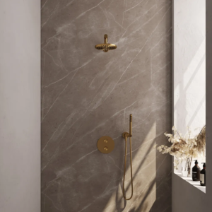 Brauer Gold Carving thermostatische inbouw regendouche 3-weg rond SET 73 met 20 cm douchekop en rechte muurarm en staaf handdouche en doucheslang en wandaansluitbocht goud... -...