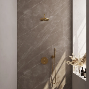 Brauer Gold Carving thermostatische inbouw regendouche 3-weg rond SET 75 met 20 cm douchekop en gebogen muurarm en staaf handdouche en doucheslang en wandaansluitbocht goud... -...