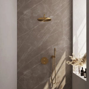 Brauer Gold Carving thermostatische inbouw regendouche 3-weg rond SET 76 met 30 cm douchekop en gebogen muurarm en staaf handdouche en doucheslang en wandaansluitbocht goud... -...