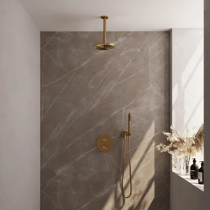 Brauer Gold Carving thermostatische inbouw regendouche 3-weg rond SET 77 met 20 cm douchekop en plafondarm en staaf handdouche en doucheslang en wandaansluitbocht goud... -...
