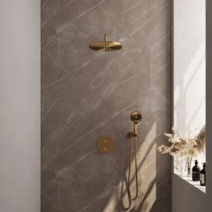 Brauer Gold Carving thermostatische inbouw regendouche 3-weg rond SET 82 met 30 cm douchekop en gebogen muurarm en 3-standen handdouche en doucheslang en wandaansluitbocht...