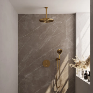Brauer Gold Carving thermostatische inbouw regendouche 3-weg rond SET 84 met 30 cm douchekop en plafondarm en 3-standen handdouche en doucheslang en wandaansluitbocht goud... -...