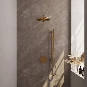 Brauer Gold Carving thermostatische inbouw regendouche 3-weg rond SET 86 met 30 cm douchekop en rechte muurarm en staaf handdouche en doucheslang en geïntegreerde glijstang...