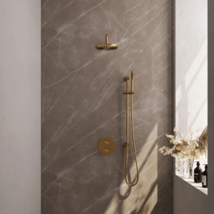 Brauer Gold Carving thermostatische inbouw regendouche 3-weg rond SET 87 met 20 cm douchekop en gebogen muurarm en staaf handdouche en doucheslang en geïntegreerde glijstang......