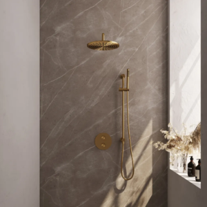 Brauer Gold Carving thermostatische inbouw regendouche 3-weg rond SET 88 met 30 cm douchekop en gebogen muurarm en staaf handdouche en doucheslang en geïntegreerde glijstang......