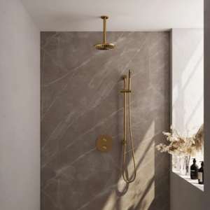 Brauer Gold Carving thermostatische inbouw regendouche 3-weg rond SET 89 met 20 cm douchekop en plafondarm en staaf handdouche en doucheslang en geïntegreerde glijstang goud......