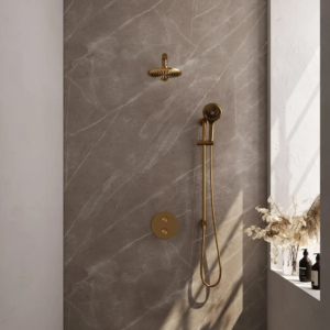 Brauer Gold Carving thermostatische inbouw regendouche 3-weg rond SET 91 met 20 cm douchekop en rechte muurarm en 3-standen handdouche en doucheslang en geïntegreerde...