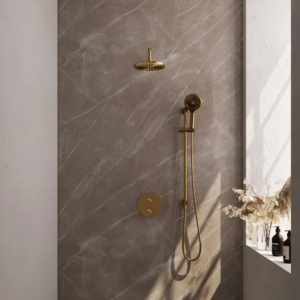 Brauer Gold Carving thermostatische inbouw regendouche 3-weg rond SET 93 met 20 cm douchekop en gebogen muurarm en 3-standen handdouche en doucheslang en geïntegreerde...