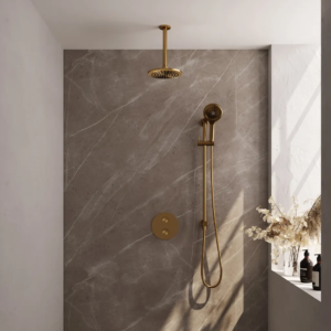 Brauer Gold Carving thermostatische inbouw regendouche 3-weg rond SET 95 met 20 cm douchekop en plafondarm en 3-standen handdouche en doucheslang en geïntegreerde glijstang...