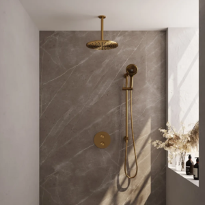 Brauer Gold Carving thermostatische inbouw regendouche 3-weg rond SET 96 met 30 cm douchekop en plafondarm en 3-standen handdouche en doucheslang en geïntegreerde glijstang...