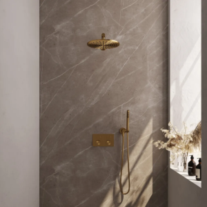 Brauer Gold Carving thermostatische inbouw regendouche met drukknoppen SET 50 met 30 cm douchekop en rechte muurarm en staaf handdouche en doucheslang en wandaansluitbocht...