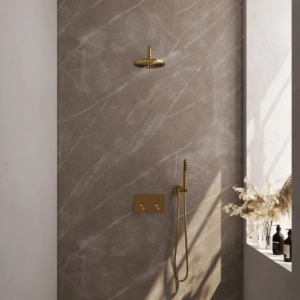 Brauer Gold Carving thermostatische inbouw regendouche met drukknoppen SET 51 met 20 cm douchekop en gebogen muurarm en staaf handdouche en doucheslang en wandaansluitbocht...