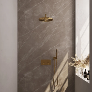 Brauer Gold Carving thermostatische inbouw regendouche met drukknoppen SET 52 met 30 cm douchekop en gebogen muurarm en staaf handdouche en doucheslang en wandaansluitbocht...