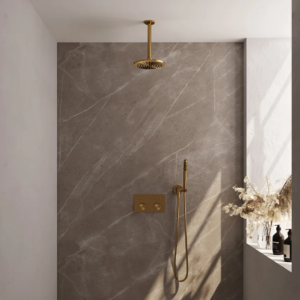 Brauer Gold Carving thermostatische inbouw regendouche met drukknoppen SET 53 met 20 cm douchekop en plafondarm en staaf handdouche en doucheslang en wandaansluitbocht goud... -...