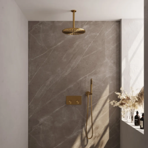 Brauer Gold Carving thermostatische inbouw regendouche met drukknoppen SET 54 met 30 cm douchekop en plafondarm en staaf handdouche en doucheslang en wandaansluitbocht goud... -...