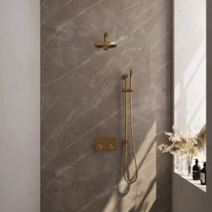 Brauer Gold Carving thermostatische inbouw regendouche met drukknoppen SET 61 met 20 cm douchekop en rechte muurarm en staaf handdouche en doucheslang en geïntegreerde...