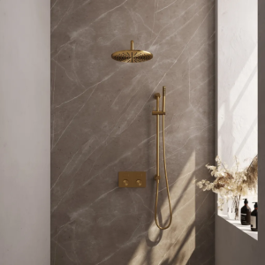 Brauer Gold Carving thermostatische inbouw regendouche met drukknoppen SET 64 met 30 cm douchekop en gebogen muurarm en staaf handdouche en doucheslang en geïntegreerde... -...