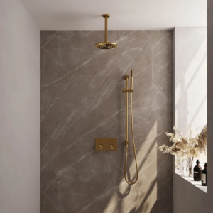 Brauer Gold Carving thermostatische inbouw regendouche met drukknoppen SET 65 met 20 cm douchekop en plafondarm en staaf handdouche en doucheslang en geïntegreerde glijstang......