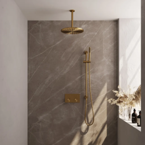 Brauer Gold Carving thermostatische inbouw regendouche met drukknoppen SET 66 met 30 cm douchekop en plafondarm en staaf handdouche en doucheslang en geïntegreerde glijstang......