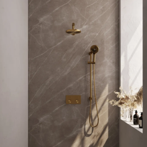 Brauer Gold Carving thermostatische inbouw regendouche met drukknoppen SET 67 met 20 cm douchekop en rechte muurarm en 3-standen handdouche en doucheslang en geïntegreerde... -...