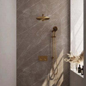 Brauer Gold Carving thermostatische inbouw regendouche met drukknoppen SET 68 met 30 cm douchekop en rechte muurarm en 3-standen handdouche en doucheslang en geïntegreerde... -...