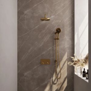 Brauer Gold Carving thermostatische inbouw regendouche met drukknoppen SET 69 met 20 cm douchekop en gebogen muurarm en 3-standen handdouche en doucheslang en geïntegreerde... -...