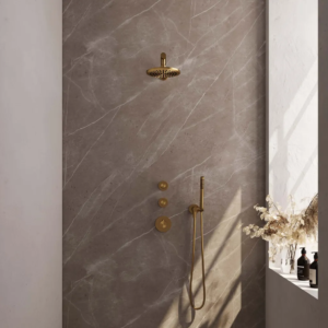 Brauer Gold Carving thermostatische inbouw regendouche SET 01 met 20 cm douchekop en rechte muurarm en staaf handdouche en doucheslang en wandaansluitbocht goud geborsteld...