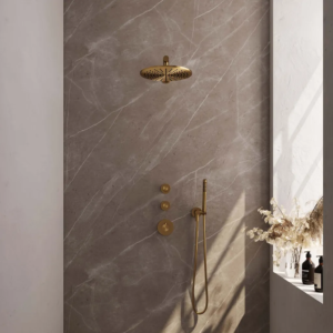 Brauer Gold Carving thermostatische inbouw regendouche SET 02 met 30 cm douchekop en rechte muurarm en staaf handdouche en doucheslang en wandaansluitbocht goud geborsteld...