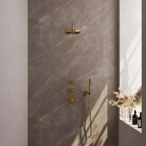 Brauer Gold Carving thermostatische inbouw regendouche SET 03 met 20 cm douchekop en gebogen muurarm en staaf handdouche en doucheslang en wandaansluitbocht goud geborsteld...