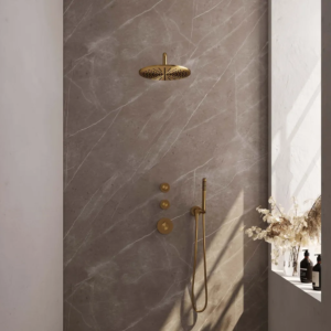Brauer Gold Carving thermostatische inbouw regendouche SET 04 met 30 cm douchekop en gebogen muurarm en staaf handdouche en doucheslang en wandaansluitbocht goud geborsteld...